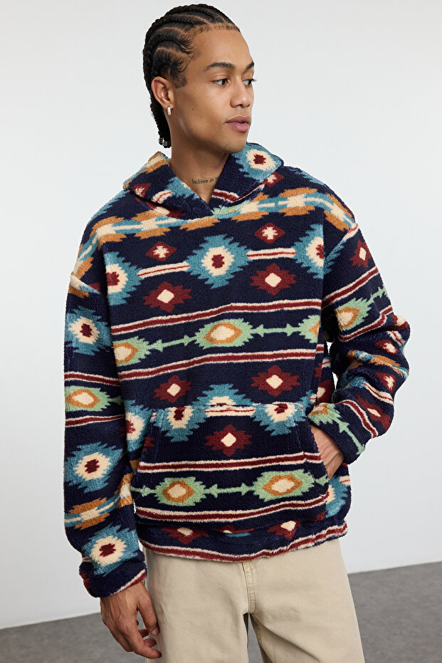 Lacivert Unısex Oversize/Geniş Kesim Desenli Şerpa Polar/Peluş Kapüşonlu Sweatshirt TMNAW25SW00147 - 2