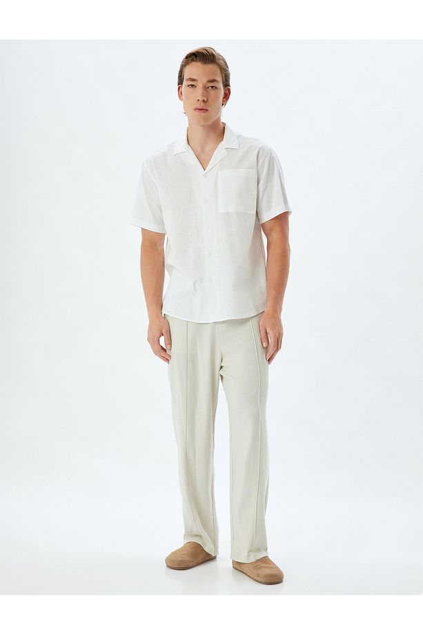 Keten Karışımlı Gömlek Kısa Kollu Basic Cep Detaylı Regular Fit - 2