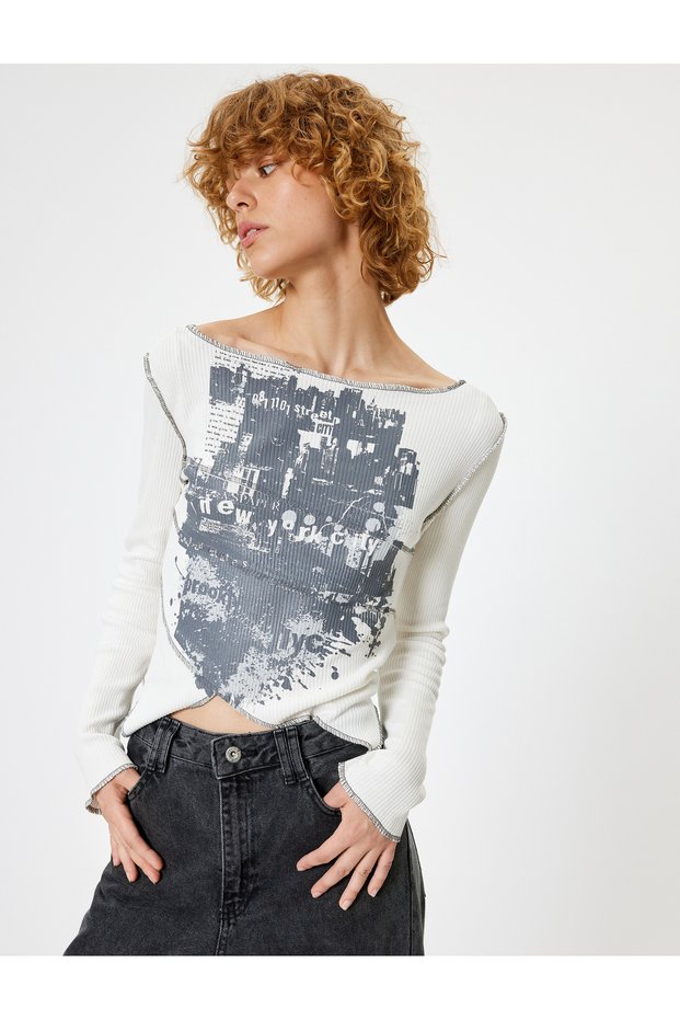 Long Sleeve T-Shirt Camisole Printed Boat Neck Slim Fit Asymmetrical Cut