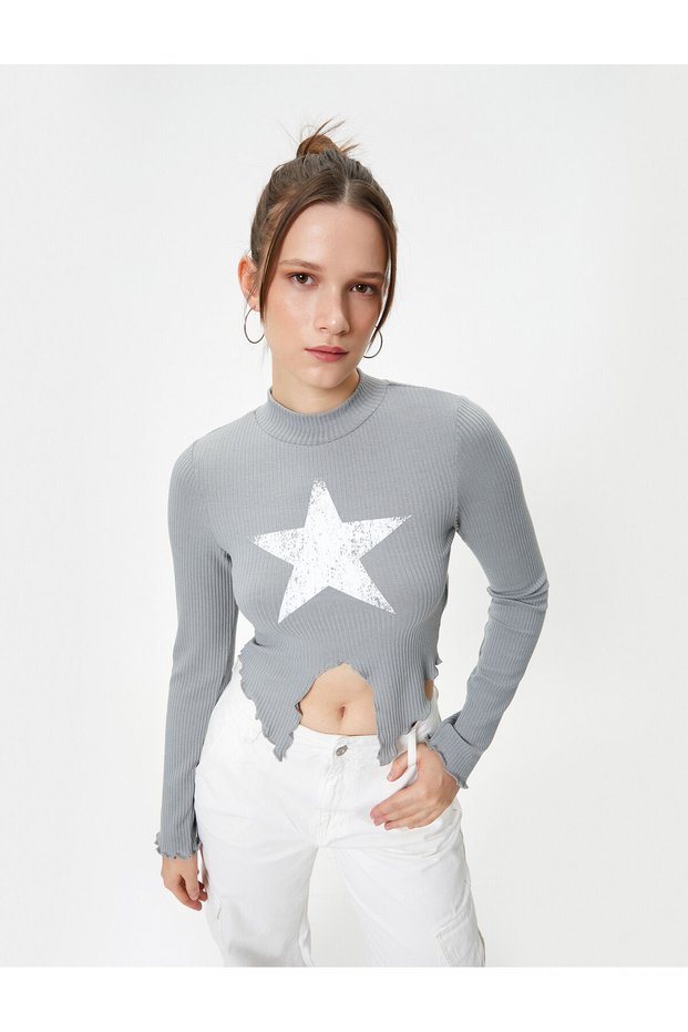 Stand Collar Crop T-Shirt Asymmetrical Cut Long Sleeve Star Print Detailed Ribbed