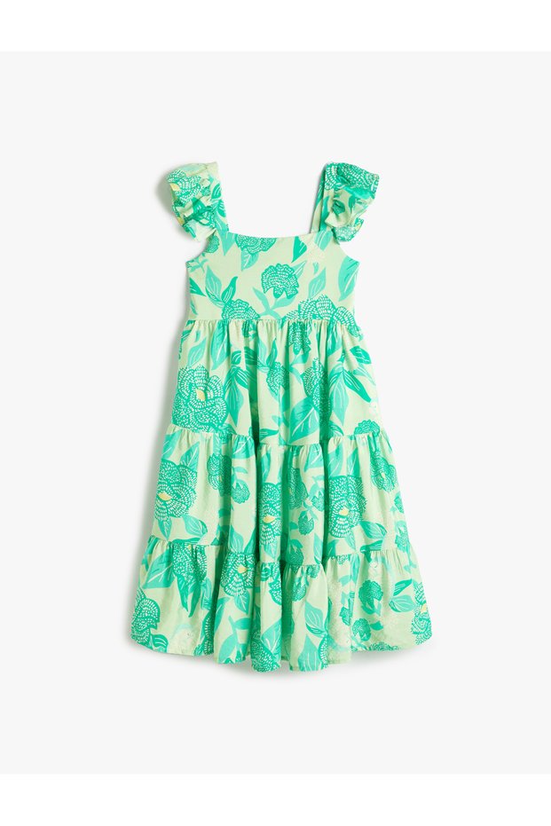 Dress Butterfly Sleeve Square Neck Ruffle Detail Viscose Fabric