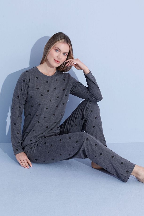 Pamuklu Gri Desenli Kadın Uzun Kol Pijama Takımı - 2