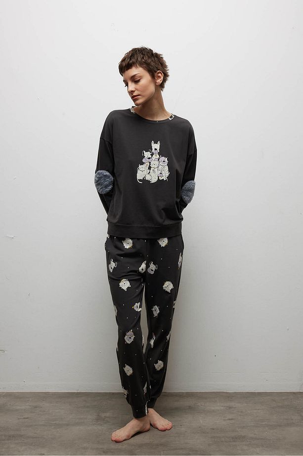 Kadın Pamuklu Uzun Kollu Pijama Takımı - 1