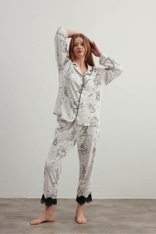 Kadın Plus Size Pamuklu Gömlek Yaka Uzun Pijama Takımı - 2
