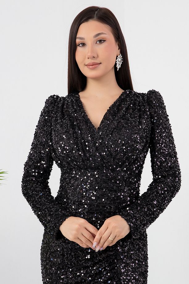 Kruvaze Yaka Uzun Kol Pulpayet Elbise ECR5393 - 3