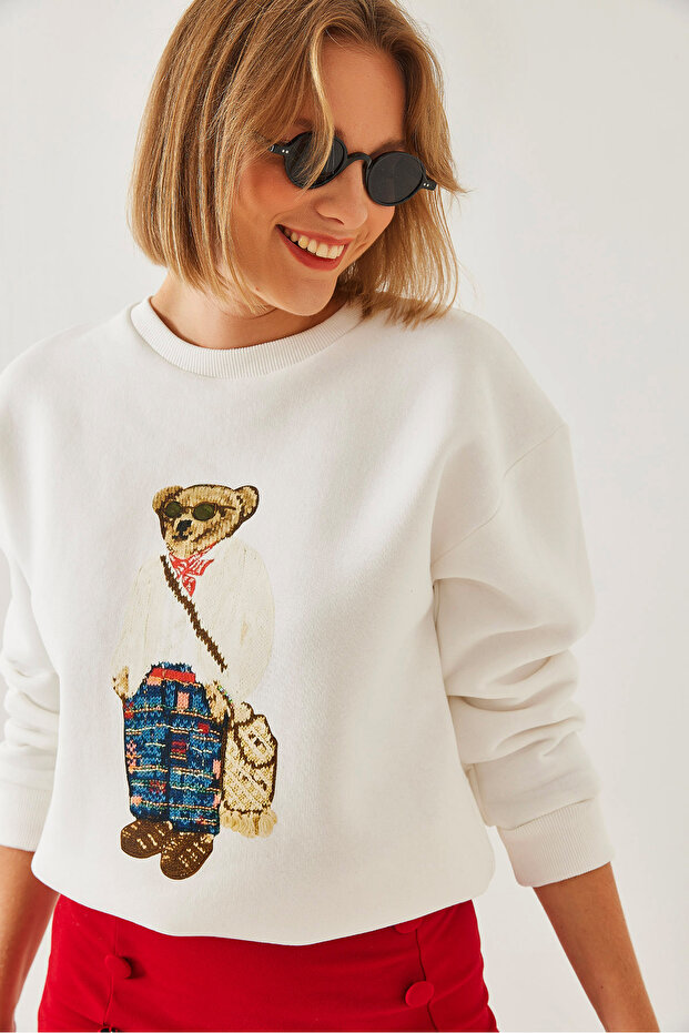 Women's Beige Three Thread Ribbed Printed Sweatshirt 55447 60351120