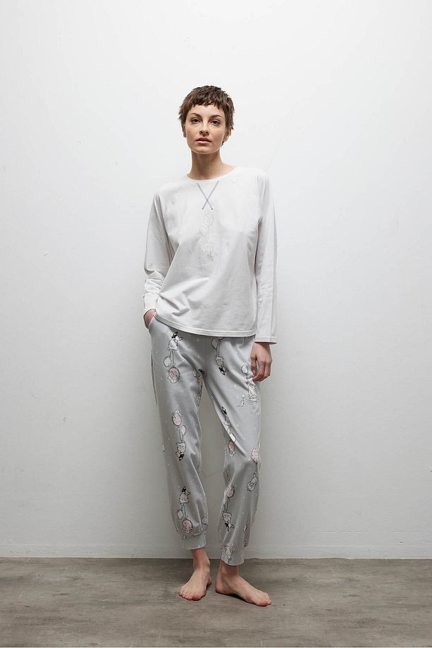 Kadın Pamuklu Reglan Kollu Uzun Pijama Takımı - 1