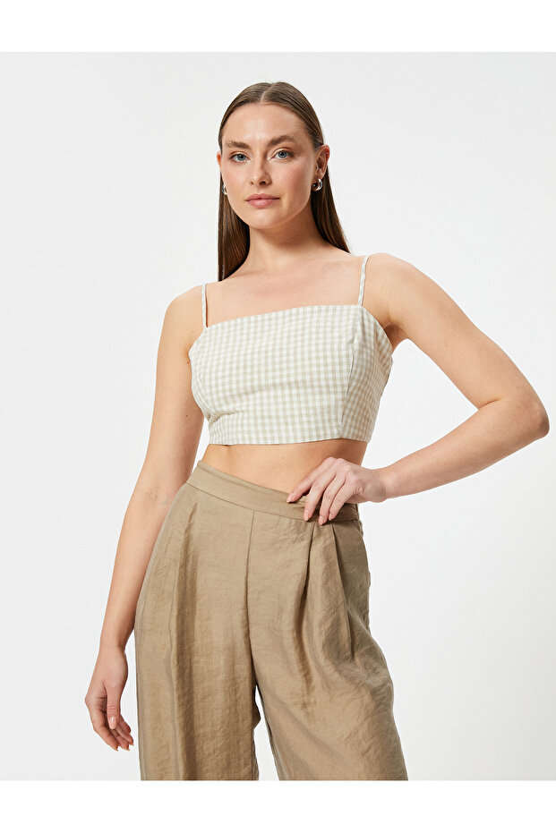 Linen Blended Thin Strap Crop Top Gingham Patterned