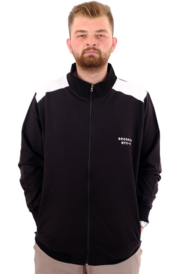 Mode XL Large Size Men's Sweatshirt with Stand Collar and Zipper Brooklyn U24522 Black-Ecru