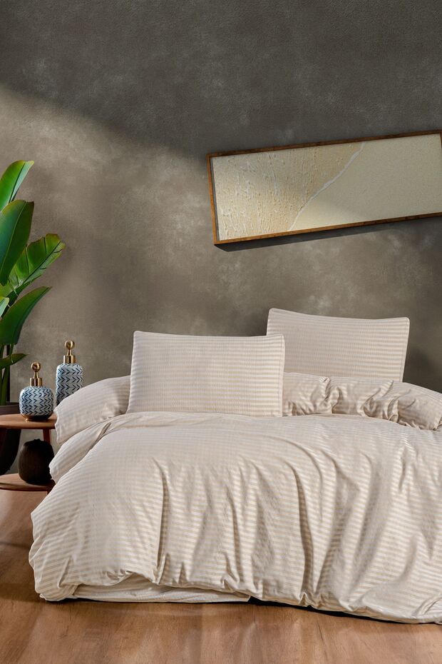Double Duvet Cover Set with Fitted Sheet Satin Cream