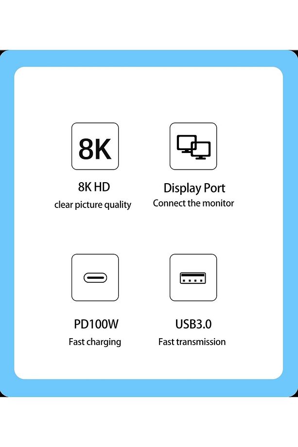 Type C To 8k 60hz 4k-120 Hz Display Port- Usb 3.0 - Usb C Dişi 100w Çevirici - 4