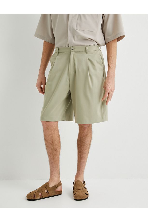 Kumaş Şort Oversize Pileli Chino Düğmeli Cep Detaylı - 3