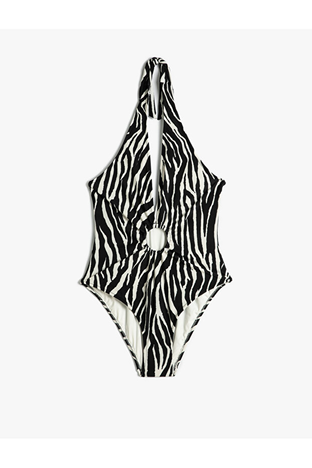 Halter Neck Swimsuit with Zebra Pattern and Deep V-Neck Window Detail