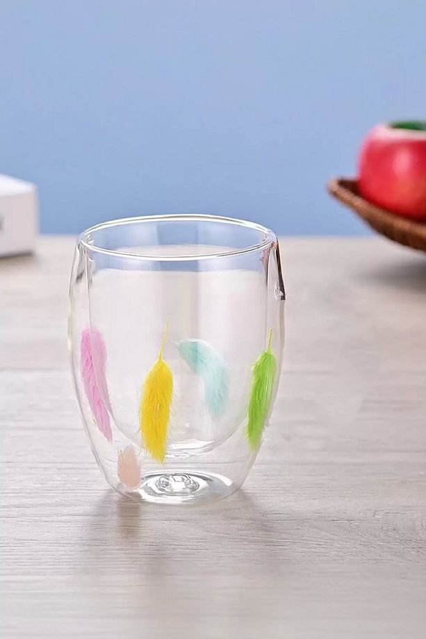 2li Çift Cidarlı Tüylü Bardak Kupa 350ml Ev Ofis Kahve Çay Bardağı Borosilikat El Yapımı Cam Bardak - 2