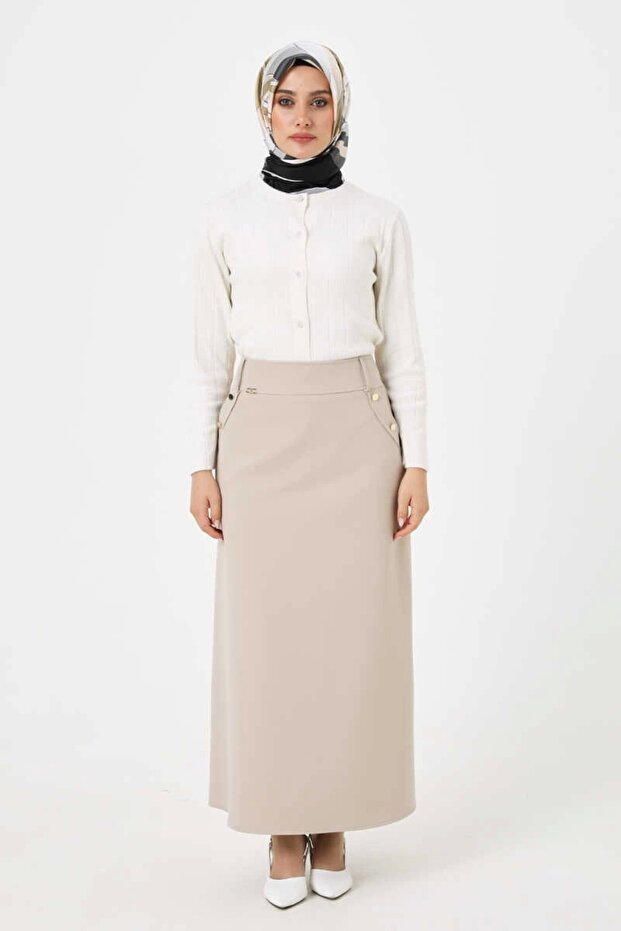 Taş Büyük Beden Düğme Detaylı Klasik Etek 2516041 - 3