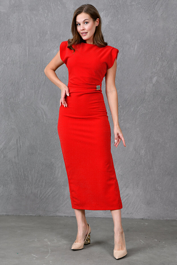 Red Glitter Fabric Buckle Design Padded Sleeveless Midi Dress 4434