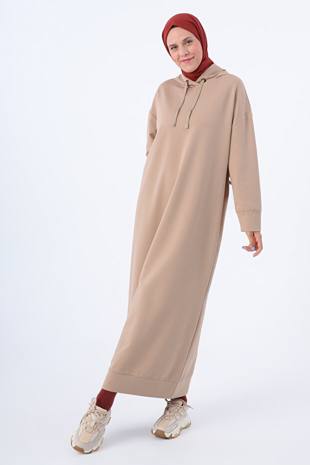 Beige Basic Hooded Knitted Cotton Dress