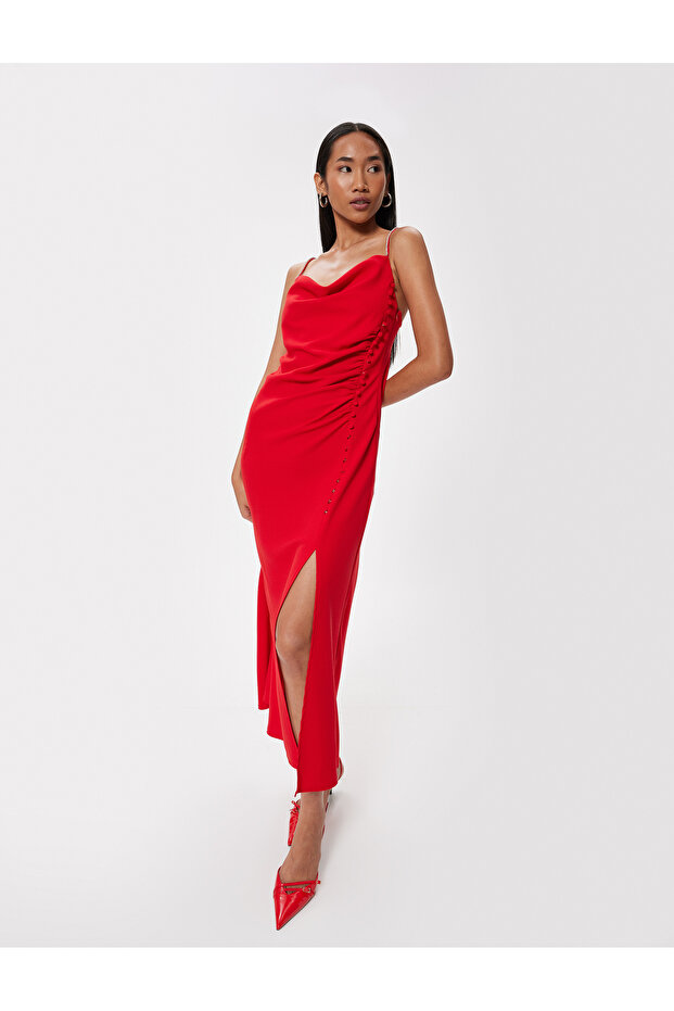 Long Dress with Straps, Slits, Drape Collar, Stone Detailing and Buttons