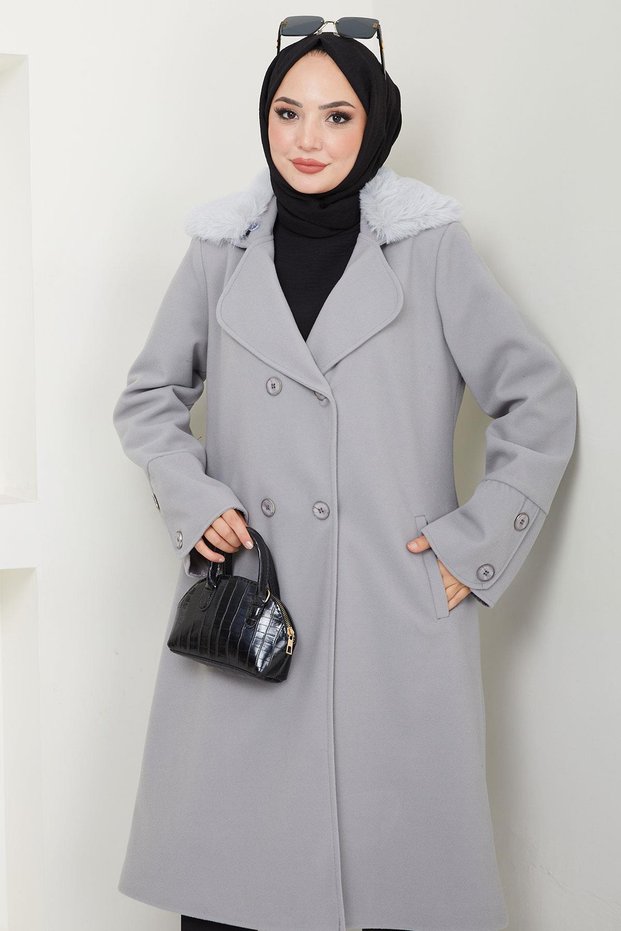 Fur Detailed Cashmere Coat Gray Hm2583