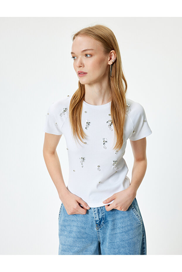 Stone Detailed T-Shirt Camisole Crew Neck Raglan Sleeves Slim Fit