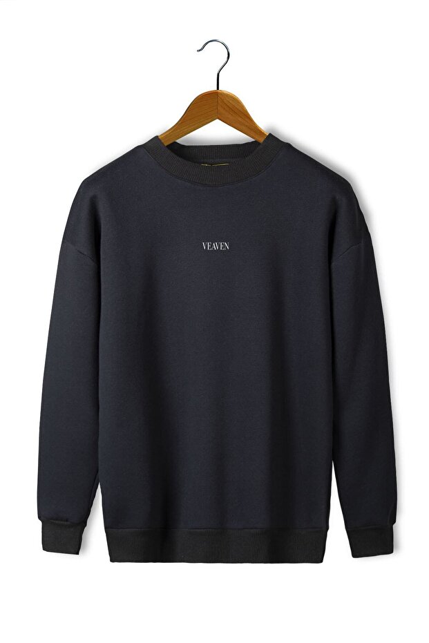 Unisex Black Front Veaven Printed Oversize Thick Two Thread Ribbed Crew Neck Sweatshirt