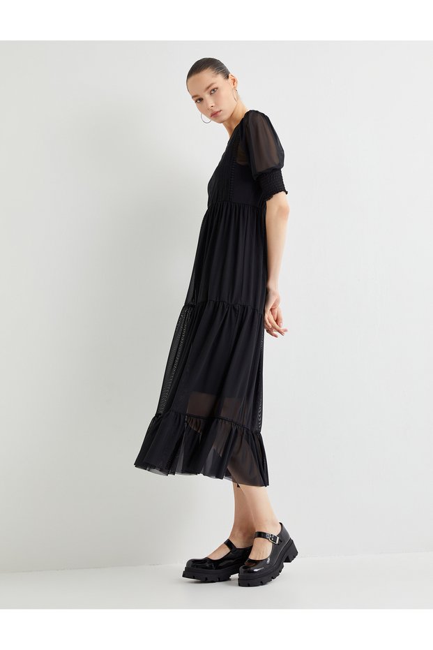 Maxi Tulle Dress Lined Short Balloon Sleeve Embroidered Layered Ruffles
