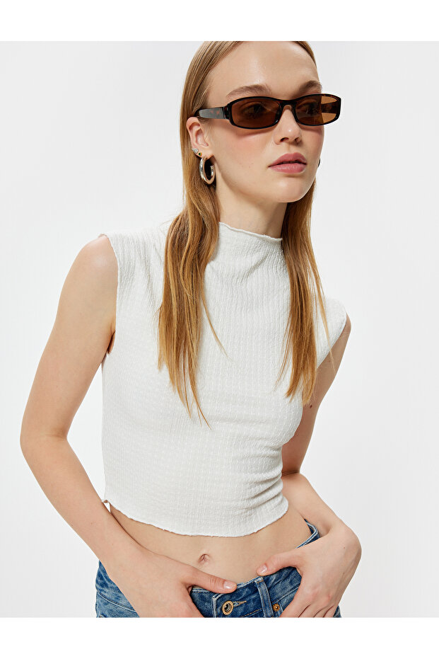 Sleeveless Undershirt Slim Fit Textured Stand Collar