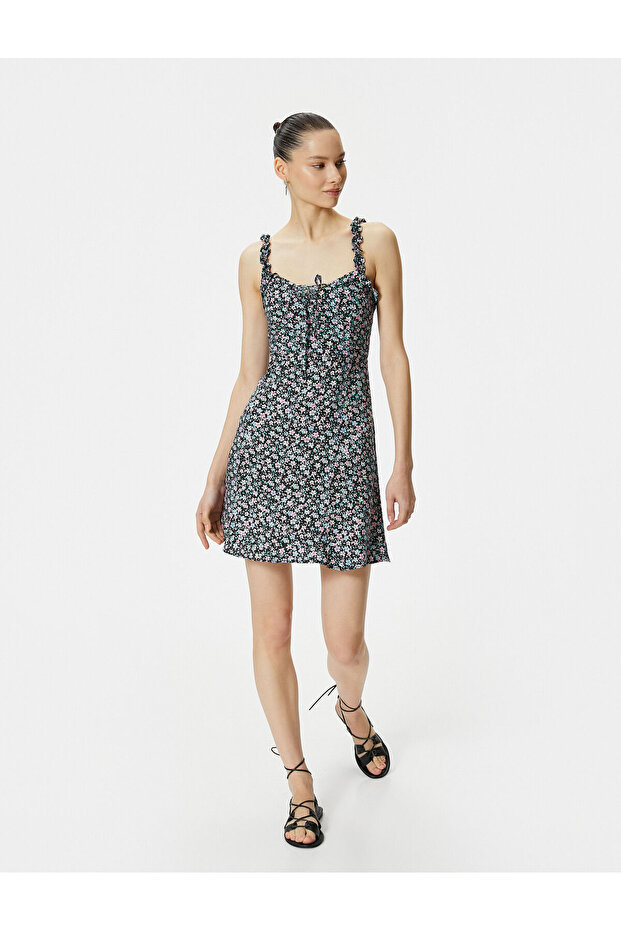 Floral Mini Dress Hanging Frilly Lined Viscous Fabric with Bow Detail