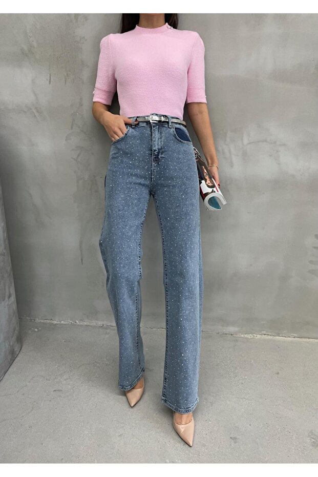 Belted Stone Detail Lycra Palazzo Wide Leg Jeans
