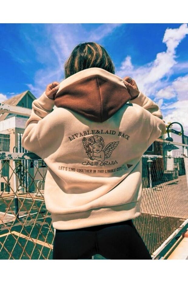 Unisex Oversize Beige Livable California Back Printed Brown Hooded Sweatshirt