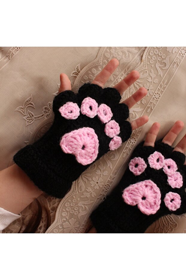 El Yapımı Siyah Patili Kore Tarzı Eldiven Parmaksız Model Kışlık - 1