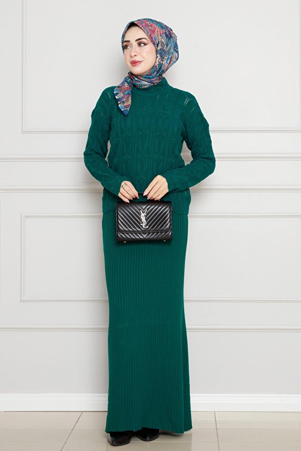 Lace Embroidered Gilet Knitwear Set-Emerald Green