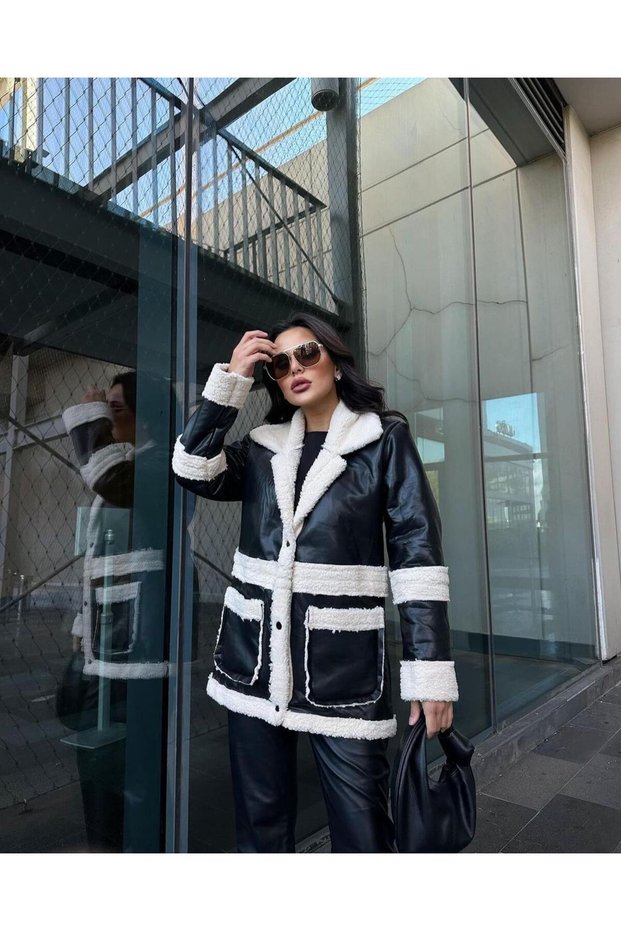 Women's Fur Lined Double Breasted Collar Black Leather Jacket Coat