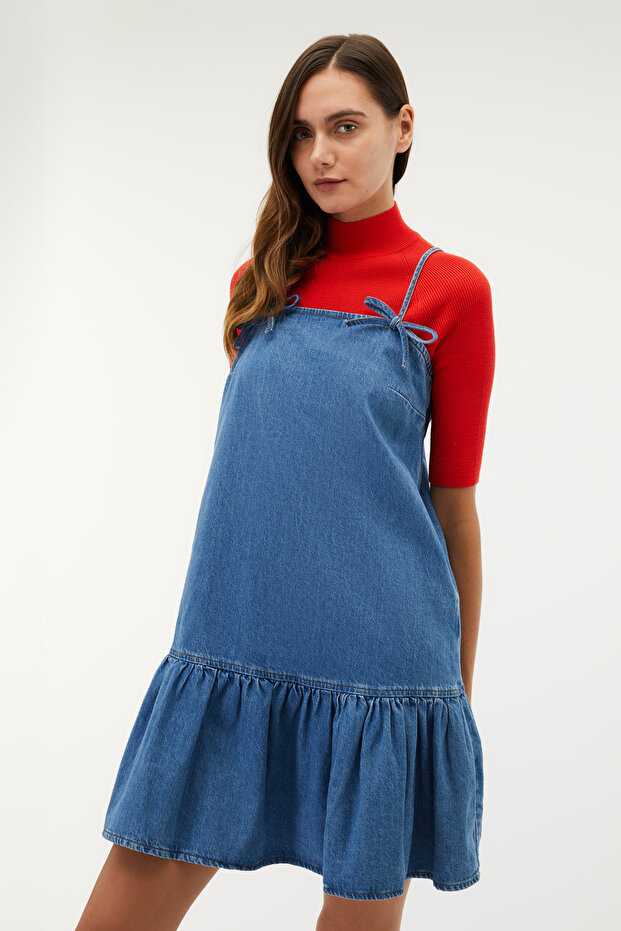 Women's Indigo Flounce Strap Mini Jean Dress