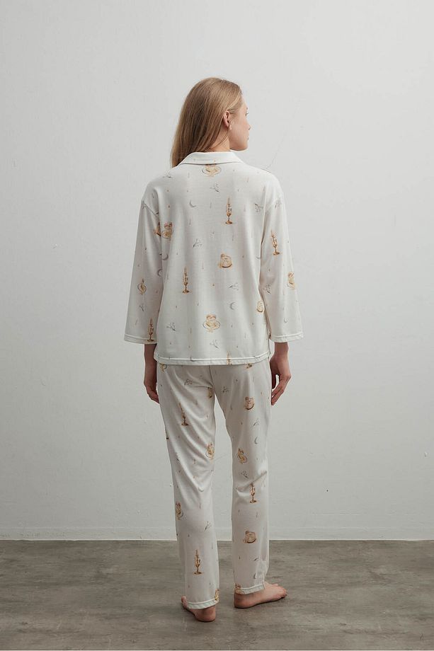 Kadın Pamuklu Uzun Kollu Gömlek Pijama Üstü - 4