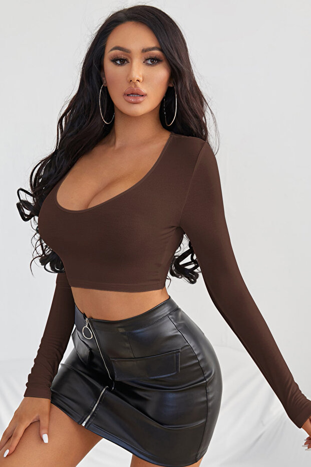 Kadın Kahverengi Uzun Kol Kare Yaka Crop Top Bluz - 4