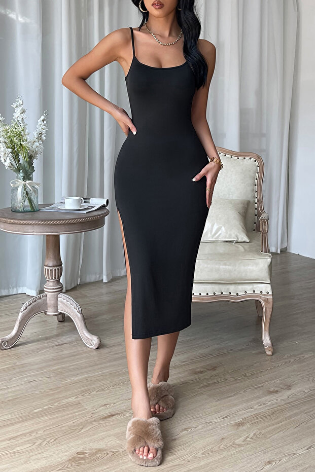 Kadın Siyah Yırtmaçlı Diz Altı Vücüdu Saran Gecelik - 6