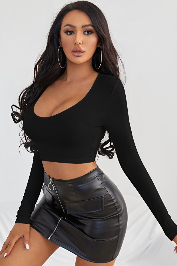 Kadın Siyah Uzun Kol Kare Yaka Crop Top Bluz - 4