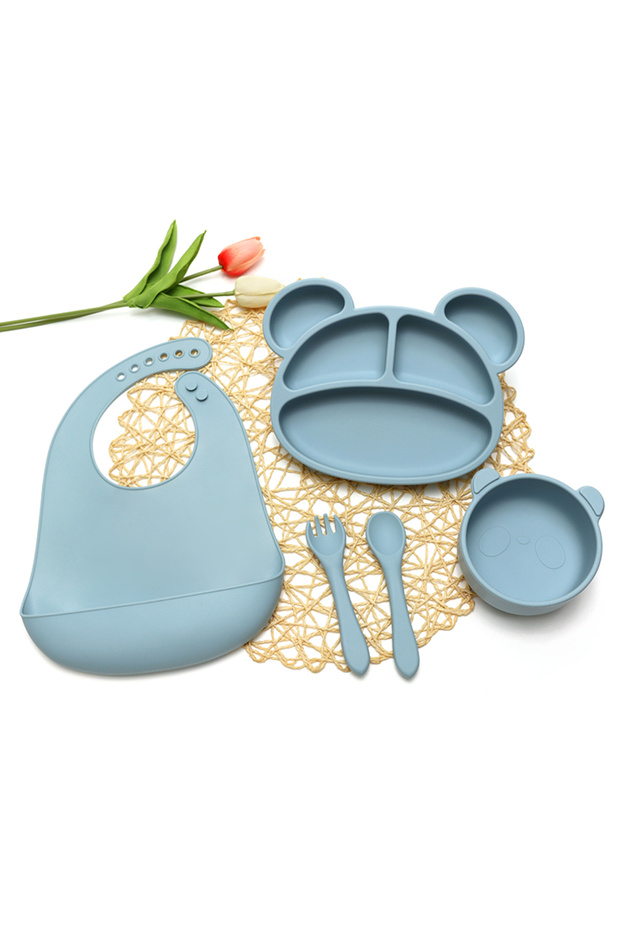 5 Piece 100% Silicone Baby Feeding Set (Vacuum Plate and Bowl-Fork-Spoon-Feeding Bib) Blue