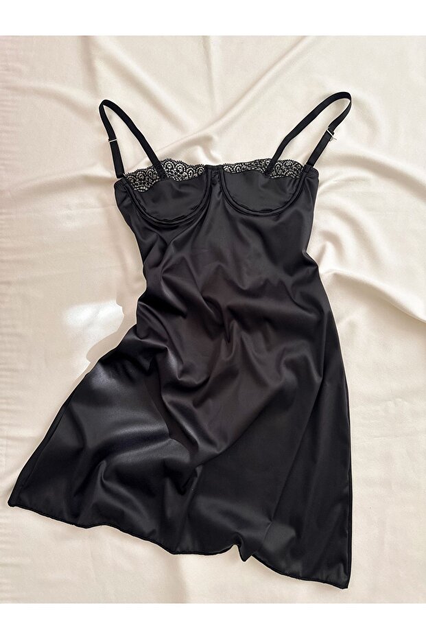 E D D E Black Satin Mini Elbise Gecelik - 4