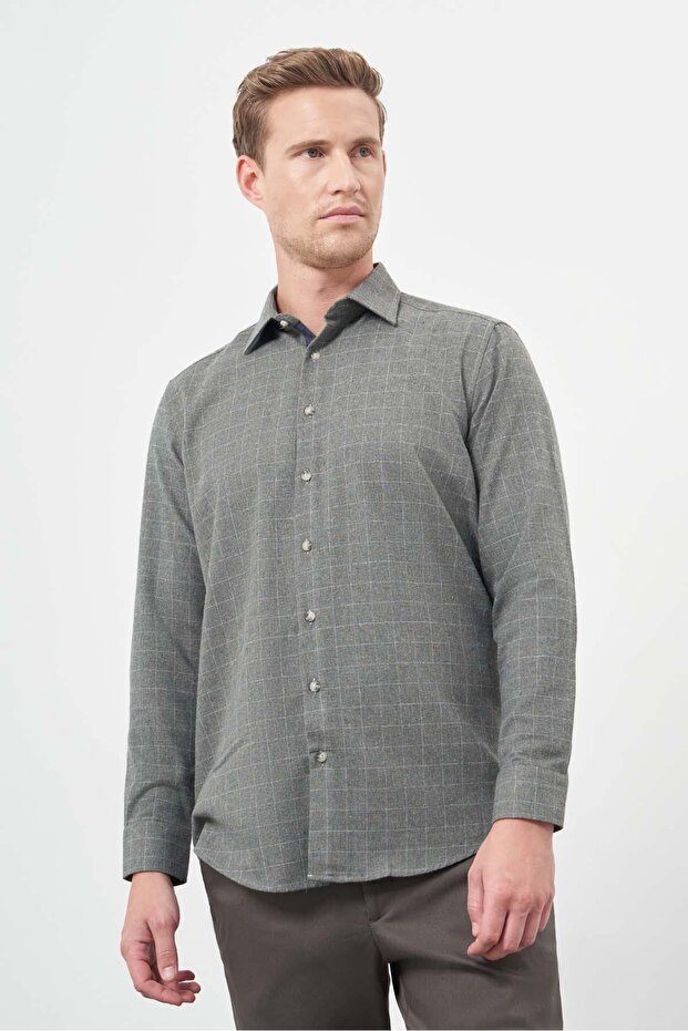 Men's Dark Khaki Long Sleeve Checkered Pattern Cotton Comfort Fit Shirt 1004245166