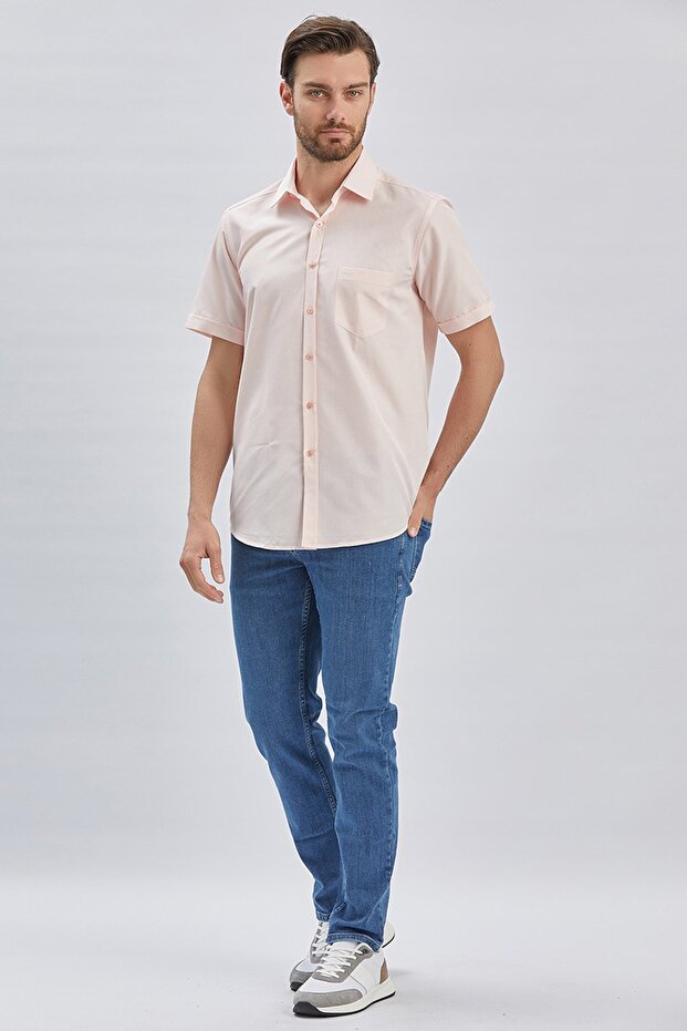 Men's Salmon Short Sleeve Patterned Hard Collar Pocket Cotton Comfort Fit Shirt 1004240231
