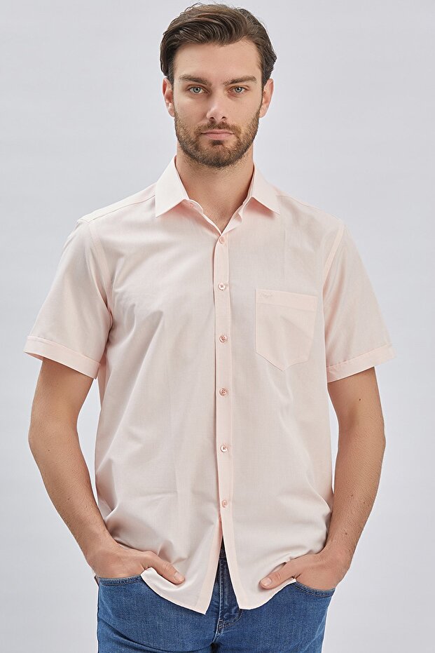 Men's Salmon Short Sleeve Patterned Hard Collar Pocket Cotton Comfort Fit Shirt 1004240231