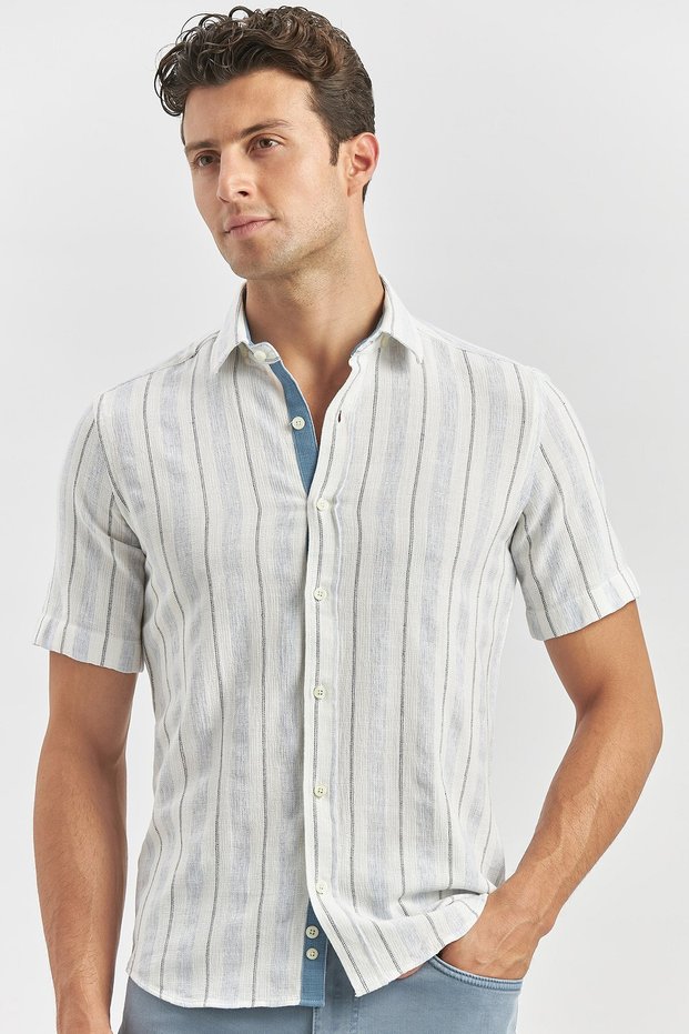 Men's Dark Blue Short Sleeve Striped Cotton Slim Fit Slim Fit Shirt 1004240245