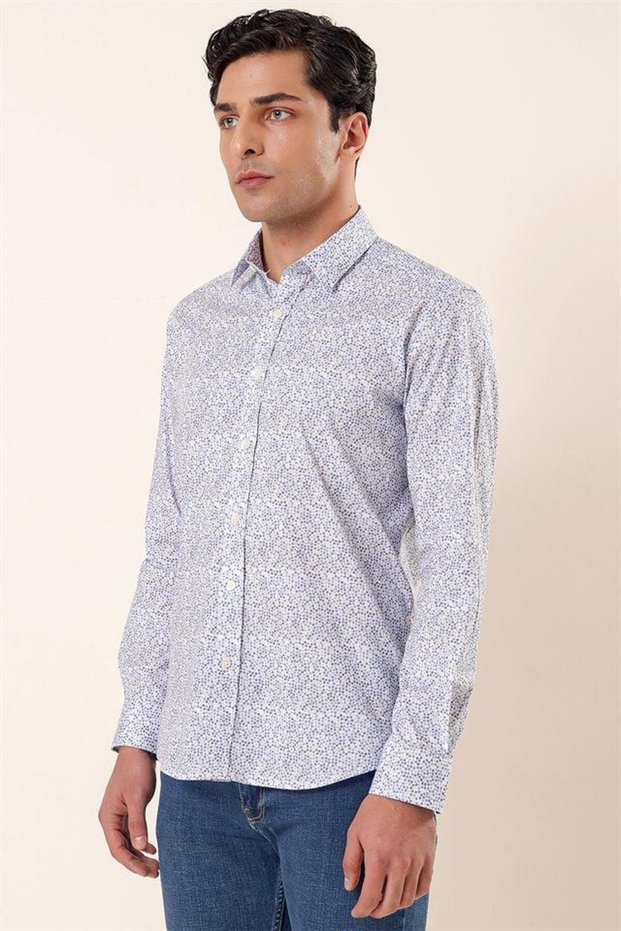 Blue Long Sleeve Printed Hard Collar Pocketless Cotton Lycra Casual Slim Fit Shirt 1004230135