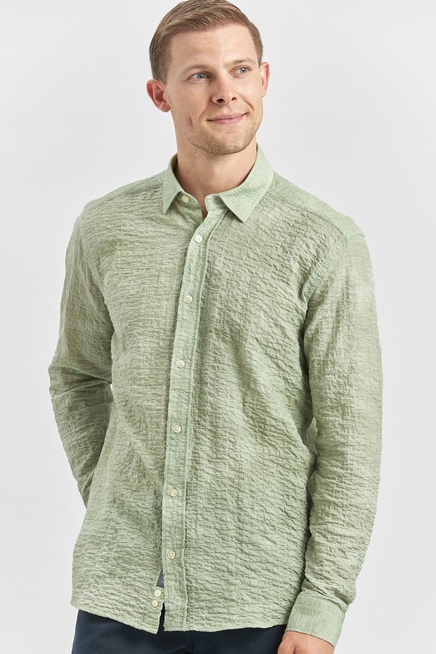 Green Long Sleeve Printed Seersucker Pocketless Cotton Lycra Slim Fit Shirt 1004240100