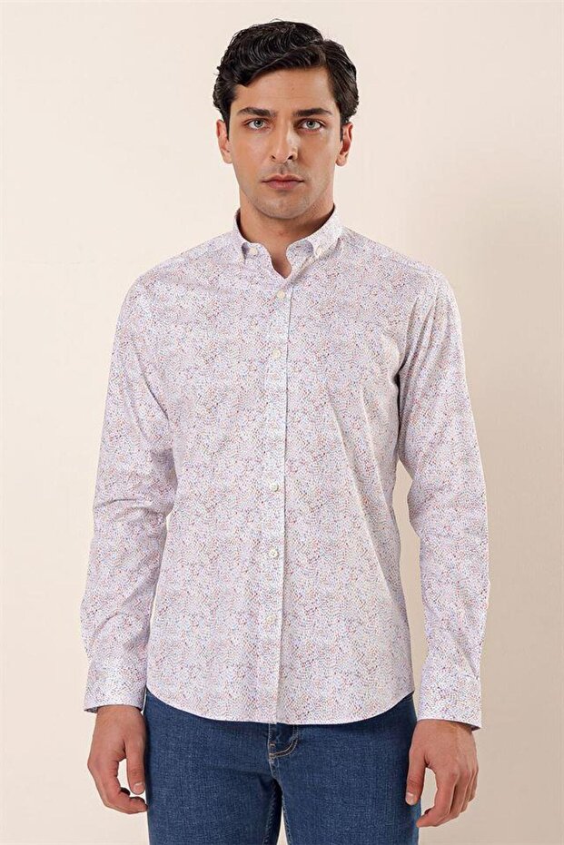 Men's Dark Blue Long Sleeve Printed Cotton Lycra Slim Fit Shirt 1004230136