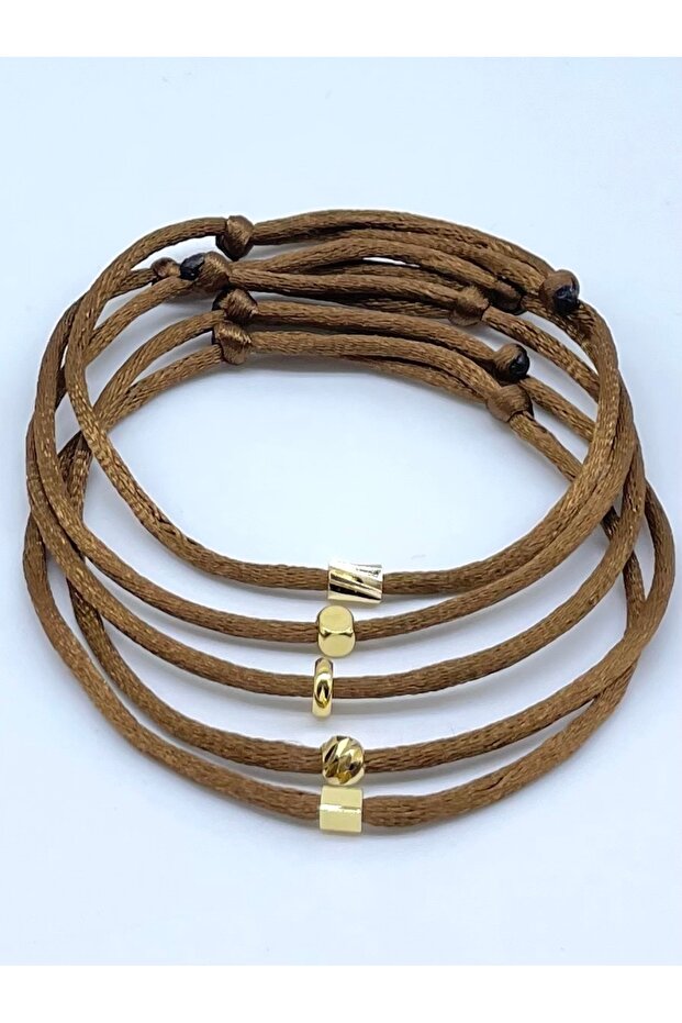 5’li Hediyelik Gold Objeli Minimal Bakır Kahve Floş İp Bileklik Seti - 1