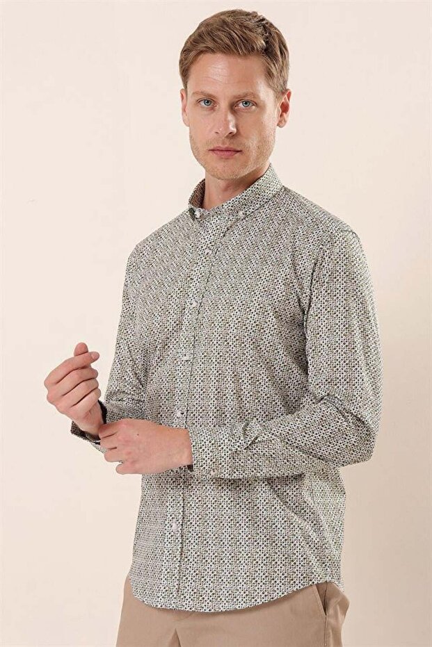 Men's White Long Sleeve Printed Cotton Lycra Slim Fit Shirt 1004230134