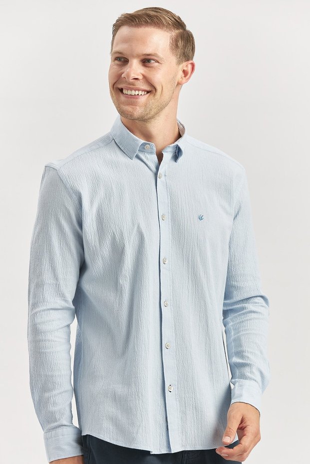Blue long sleeve ribbed 100% cotton casual slim fit tight cut shirt 1004240247